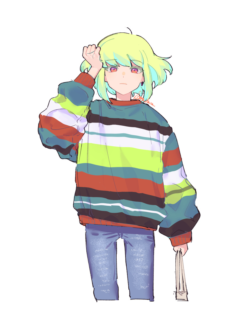 1boy androgynous artist_name bag commentary cropped_legs denim expressionless green_hair hand_on_own_head highres holding holding_bag jeans kome_1022 lio_fotia looking_at_viewer multicolored_clothes multicolored_eyes orange_eyes pants pink_eyes promare puffy_sleeves short_hair sidelocks simple_background sweater white_background