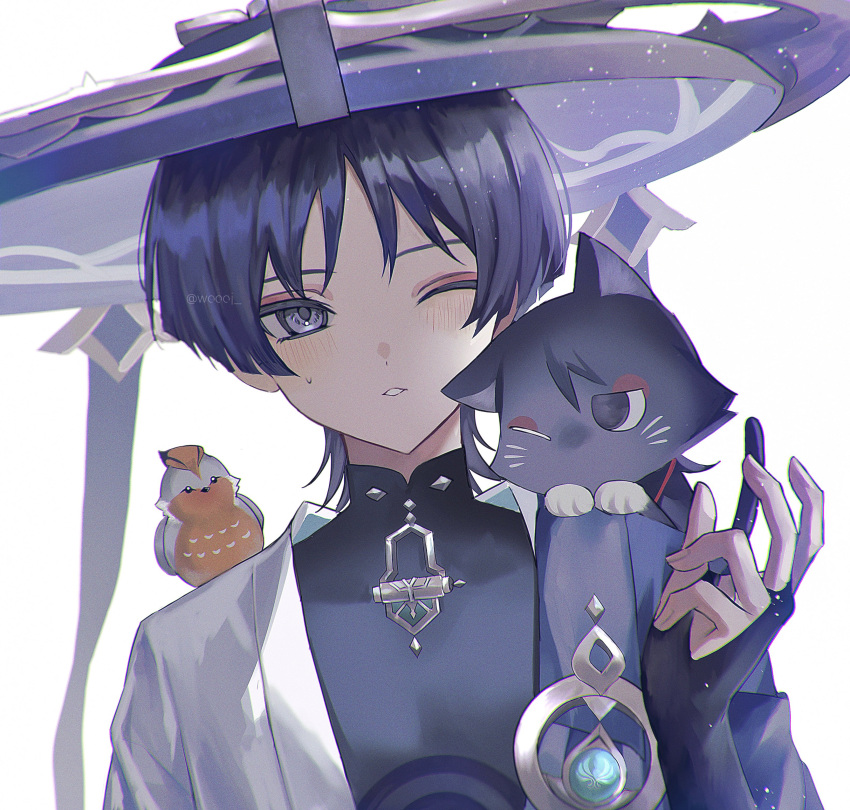 1boy absurdres animal_on_shoulder artist_name bird bird_on_shoulder black_hair black_shirt blue_cape blue_headwear blue_ribbon blush bridal_gauntlets cape cat cat_on_shoulder choppy_bangs commentary_request covered_collarbone eyeshadow genshin_impact hair_between_eyes hand_up hat hat_ribbon highres jacket jingasa light_particles looking_at_viewer makeup male_focus one_eye_closed open_clothes open_jacket parted_bangs parted_lips red_eyeshadow ribbon scaramouche_(cat)_(genshin_impact) scaramouche_(genshin_impact) shirt short_hair sidelocks simple_background solo sweatdrop twitter_username upper_body violet_eyes vision_(genshin_impact) wanderer_(genshin_impact) white_background white_jacket woooi
