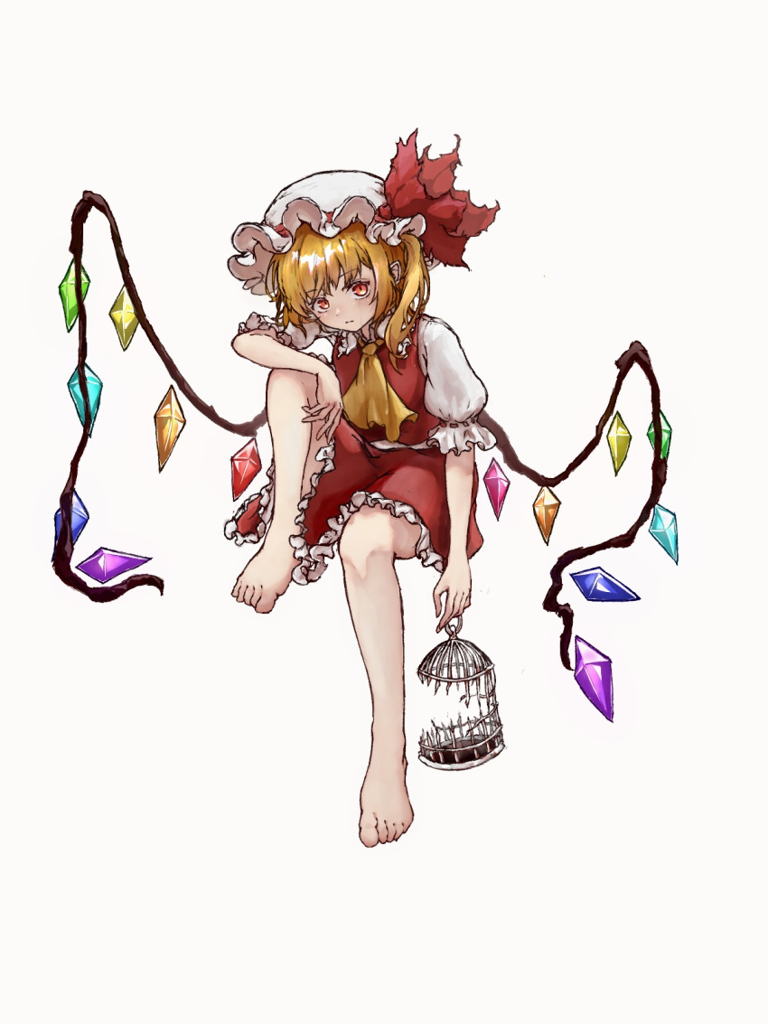 1girl arm_rest ascot bare_arms bare_legs barefoot birdcage blonde_hair bow cage closed_mouth diamond_(shape) feet flandre_scarlet frilled_hat frilled_skirt frilled_sleeves frills full_body hat hat_bow head_tilt highres holding holding_cage invisible_chair knee_up looking_at_viewer medium_hair mob_cap multicolored_wings myui17901139 orange_eyes puffy_short_sleeves puffy_sleeves red_bow red_skirt red_vest shirt short_sleeves side_ponytail simple_background sitting skirt solo toes touhou vest white_background white_headwear white_shirt wings yellow_ascot