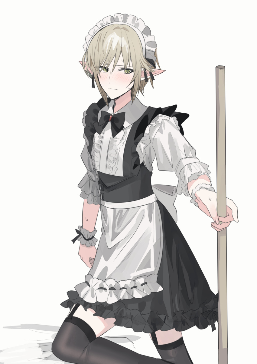 1boy alternate_costume apron black_skirt black_thighhighs blush brown_hair center_frills chihuri closed_mouth collared_shirt crossdressing enmaided final_fantasy final_fantasy_xiv frilled_apron frills garter_straps green_eyes hair_between_eyes highres holding looking_at_viewer maid maid_headdress male_focus on_one_knee pointy_ears puffy_short_sleeves puffy_sleeves shirt short_sleeves simple_background skirt solo sweat thigh-highs waist_apron white_apron white_background white_shirt wrist_cuffs zephirin_de_valhourdin