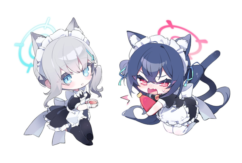 2girls alternate_costume animal_ear_fluff animal_ears apron black_dress black_thighhighs blue_archive blue_eyes blue_hair bright_pupils cat_ears cat_tail chibi crossed_bangs cup dress enmaided frilled_dress frills gloves grey_hair hair_between_eyes hair_ribbon halo highres holding holding_cup long_hair looking_at_viewer maid maid_apron maid_headdress medium_hair meunhongcha mismatched_pupils multiple_girls open_mouth parted_lips red_eyes ribbon serika_(blue_archive) shiroko_(blue_archive) short_sleeves simple_background sweat tail thigh-highs twintails white_apron white_background white_gloves white_pupils white_thighhighs wolf_ears