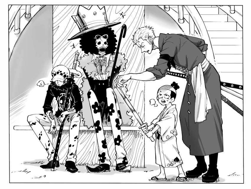 4boys afro boots brook_(one_piece) chabo_(niwatori_bosori) child commentary_request crown earrings feather_boa floral_print greyscale hat holding holding_sword holding_weapon japanese_clothes jewelry kimono male_focus momonosuke_(one_piece) monochrome multiple_boys one_piece ponytail profile roronoa_zoro sash scar scar_across_eye sigh sitting skeleton sweatdrop sword trafalgar_law v-shaped_eyebrows weapon
