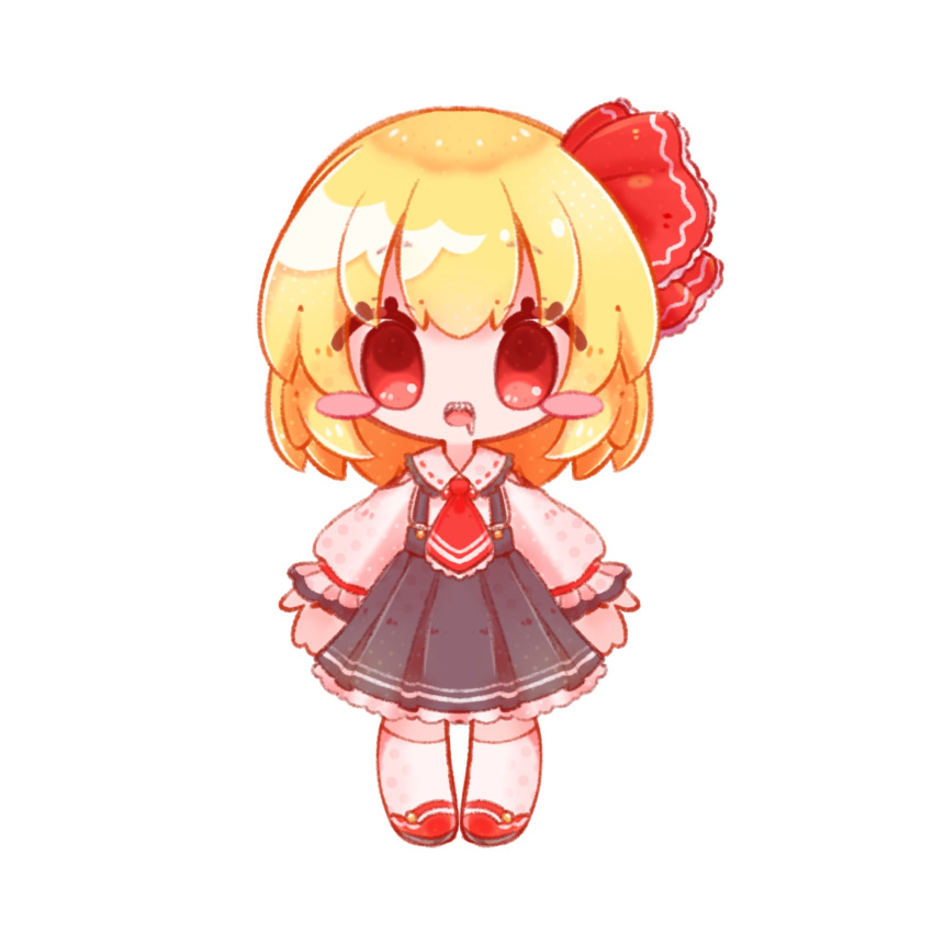 1girl ascot blonde_hair blush_stickers chibi drooling frilled_sleeves frills hair_between_eyes hair_ribbon highres inukkomaru long_sleeves looking_at_viewer open_mouth outstretched_arms red_ascot red_eyes red_footwear ribbon rumia sharp_teeth shirt short_hair sidelocks simple_background skirt socks solo spread_arms suspender_skirt suspenders teeth touhou upper_teeth_only white_background white_shirt white_socks