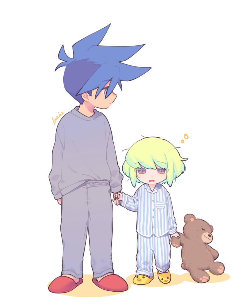 2boys :3 aged_down animal_slippers artist_name blue_eyes blue_hair commentary duck_slippers expressionless full_body galo_thymos green_hair grey_pants grey_sweater height_difference highres holding holding_hands holding_stuffed_toy kome_1022 lio_fotia looking_at_another looking_down looking_to_the_side male_focus messy_hair mohawk multicolored_eyes multiple_boys open_mouth orange_eyes pajamas pants paw_print pink_eyes promare red_footwear shirt_tucked_in short_hair sidelocks simple_background sleepy slippers spiky_hair standing striped_clothes striped_pajamas stuffed_animal stuffed_toy sweater teddy_bear white_background yellow_footwear
