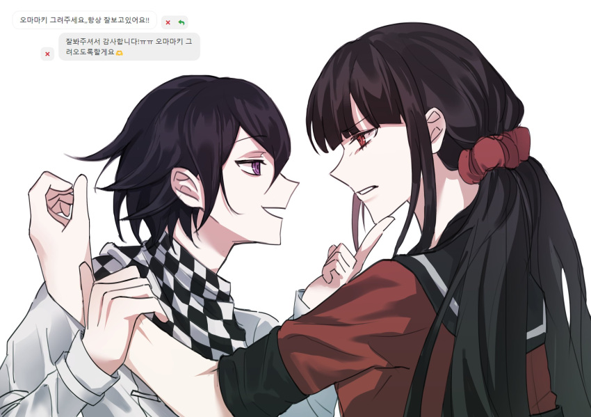 1boy 1girl :d black_sailor_collar checkered_clothes checkered_scarf clenched_teeth commentary_request danganronpa_(series) danganronpa_v3:_killing_harmony danjong_8 eye_contact grey_jacket hair_ornament hair_scrunchie hand_on_another's_chin hand_up harukawa_maki highres holding_another's_wrist jacket long_hair long_sleeves looking_at_another low_twintails oma_kokichi open_mouth red_eyes red_scrunchie red_shirt sailor_collar scarf scrunchie shirt smile teeth translation_request twintails white_background