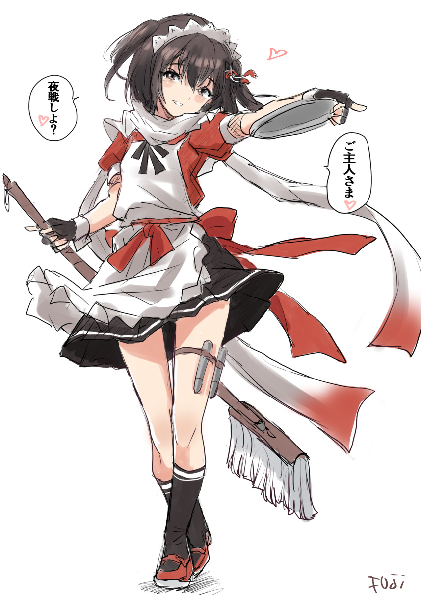1girl adapted_costume alternate_costume apron black_gloves black_hair black_skirt commentary_request enmaided fingerless_gloves fuji_(pixiv24804665) full_body gloves highres kantai_collection maid maid_headdress mop orange_shirt pleated_skirt sendai_(kancolle) shirt short_hair simple_background skirt solo translation_request tray two_side_up white_apron white_background