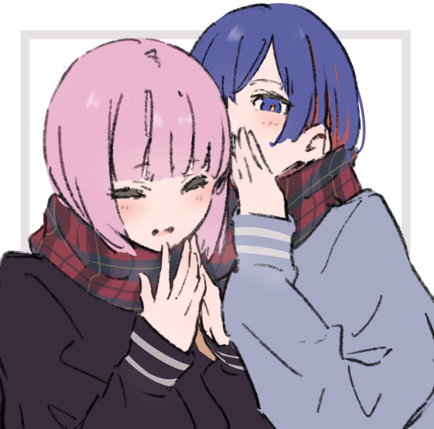 2girls atenaba black_shirt blue_eyes blue_hair blush closed_eyes grey_sweater highres kaf_(kamitsubaki_studio) kamitsubaki_studio long_sleeves looking_at_viewer multicolored_hair multiple_girls own_hands_together parted_lips pink_hair plaid plaid_scarf red_scarf redhead rim_(kamitsubaki_studio) scarf shared_clothes shared_scarf shirt simple_background sleeves_past_wrists smile streaked_hair sweater upper_body whispering white_background yellow_pupils