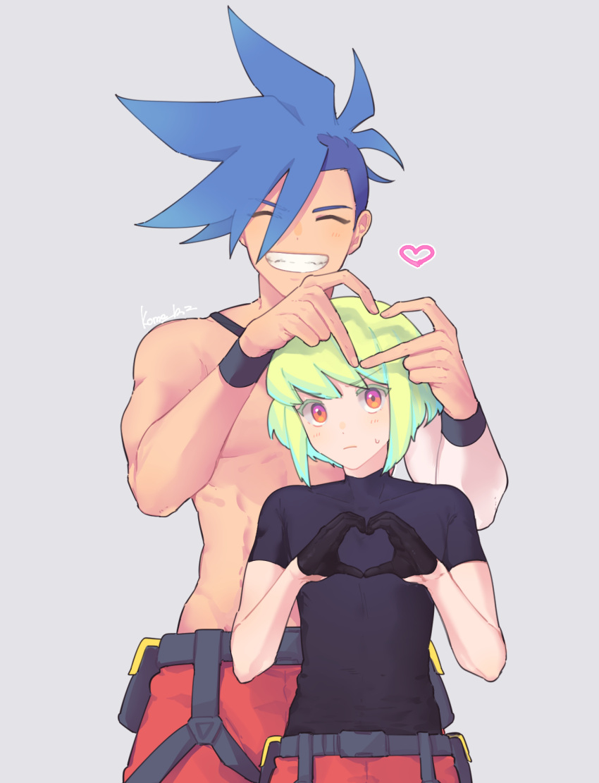 2boys androgynous artist_name belt black_gloves blue_hair blush clenched_teeth closed_eyes closed_mouth commentary cropped_legs galo_thymos gloves green_hair grey_background heart heart_hands highres kome_1022 lio_fotia looking_at_viewer male_focus mohawk multicolored_eyes multiple_boys muscular muscular_male orange_eyes pants pink_eyes promare short_hair short_sleeves sidelocks simple_background smile spiky_hair sweat sweatdrop teeth topless_male wrist_cuffs