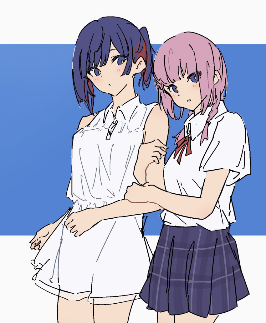 2girls atenaba bare_arms blue_background blue_eyes blue_hair braid collared_shirt cowboy_shot dress highres holding_another's_arm kaf_(kamitsubaki_studio) kamitsubaki_studio looking_at_viewer medium_hair multicolored_hair multiple_girls neck_ribbon one_side_up parted_lips pink_hair plaid plaid_skirt pleated_skirt purple_skirt red_ribbon redhead ribbon rim_(kamitsubaki_studio) shirt short_sleeves skirt sleeveless sleeveless_dress streaked_hair twin_braids two-tone_background white_background white_dress white_shirt yellow_pupils