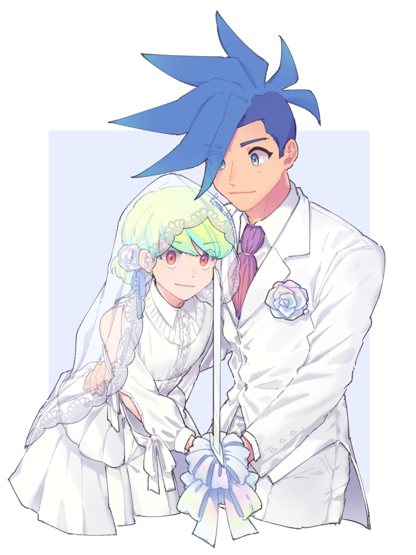 2boys androgynous artist_name bare_shoulders blue_eyes blue_hair blush bridal_veil bride brooch collared_shirt commentary cropped_legs crossdressing dress eyes_visible_through_hair flower flower_brooch galo_thymos green_hair groom hair_flower hair_ornament hand_on_another's_waist highres holding holding_sword holding_weapon implied_yaoi jewelry kome_1022 light_smile lio_fotia long_sleeves looking_at_viewer looking_down male_focus mohawk multicolored_eyes multiple_boys orange_eyes otoko_no_ko pink_eyes promare puffy_sleeves shirt short_hair simple_background smile spiky_hair suit sword veil weapon white_background white_dress white_suit