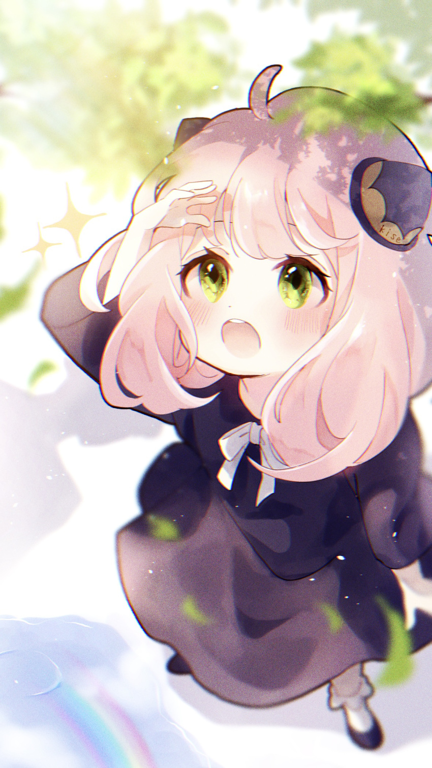 1girl ahoge anya_(spy_x_family) black_dress black_footwear blurry bow cone_hair_bun dress falling_leaves green_eyes hair_bun hair_over_shoulder hairpods hand_on_own_head highres kise_inaka leaf light_blush long_sleeves looking_up medium_hair open_mouth outdoors pink_hair puddle rainbow sparks spy_x_family teeth tree tree_shade upper_teeth_only white_background white_bow