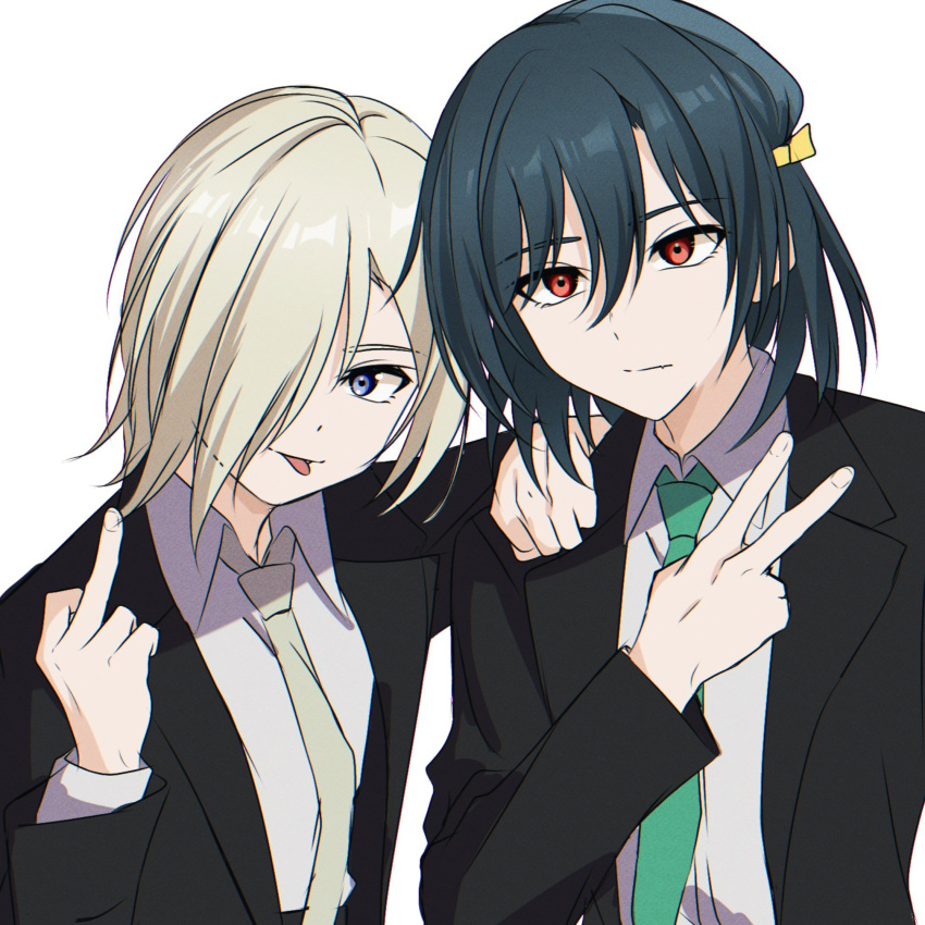 2girls :p amakuma black_hair black_jacket black_suit closed_mouth collared_shirt commentary green_necktie grey_necktie hair_over_one_eye hair_ribbon hand_on_another's_shoulder highres inward_v jacket long_sleeves looking_at_viewer love_live! love_live!_nijigasaki_high_school_idol_club mia_taylor middle_finger mifune_shioriko multiple_girls necktie one_eye_covered open_clothes open_jacket red_eyes ribbon shirt short_hair suit suit_jacket tongue tongue_out violet_eyes white_background white_shirt yellow_ribbon