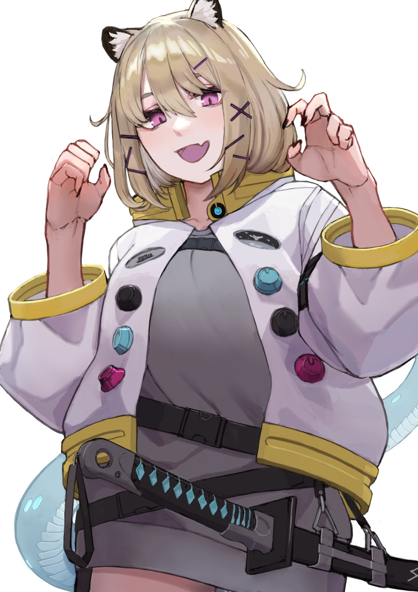 02_(0203rei_ni) 1girl :d absurdres animal_ear_fluff animal_ears arknights baggy_clothes belt black_nails blonde_hair blush breasts cat_ears claw_pose collarbone cowboy_shot fang fingernails grey_shirt hair_ornament hairclip hands_up highres jacket katana lizard_tail long_fingernails long_sleeves looking_at_viewer multiple_belts nail_polish open_clothes open_jacket sheath shirt short_hair simple_background skin_fang slit_pupils smile solo sword tail utage_(arknights) violet_eyes weapon white_background white_jacket x_hair_ornament