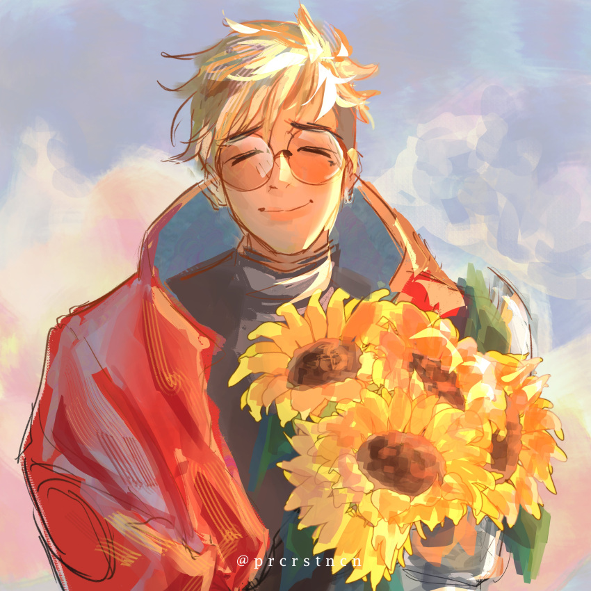 1boy ^_^ absurdres blonde_hair bouquet closed_eyes english_commentary highres holding holding_bouquet jacket male_focus prcrstncn red_jacket sky smile solo sunglasses trigun trigun_stampede turtleneck upper_body vash_the_stampede