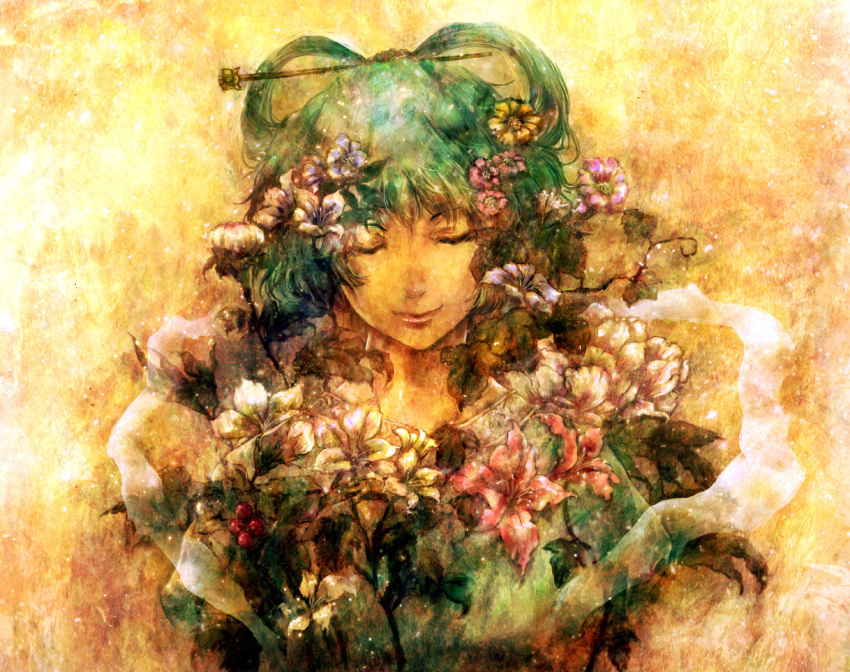 1girl blue_flower blue_hair blue_shirt blue_sleeves chinese_hairpin closed_eyes closed_mouth collar collared_shirt commentary_request eyelashes flower flower_request hagoromo hair_flower hair_ornament hair_rings hayapi highres kaku_seiga pink_flower pink_lips puffy_short_sleeves puffy_sleeves shawl shirt short_hair short_sleeves simple_background smile solo straight-on tanabata_(music_circle) touhou upper_body white_collar white_flower yellow_background
