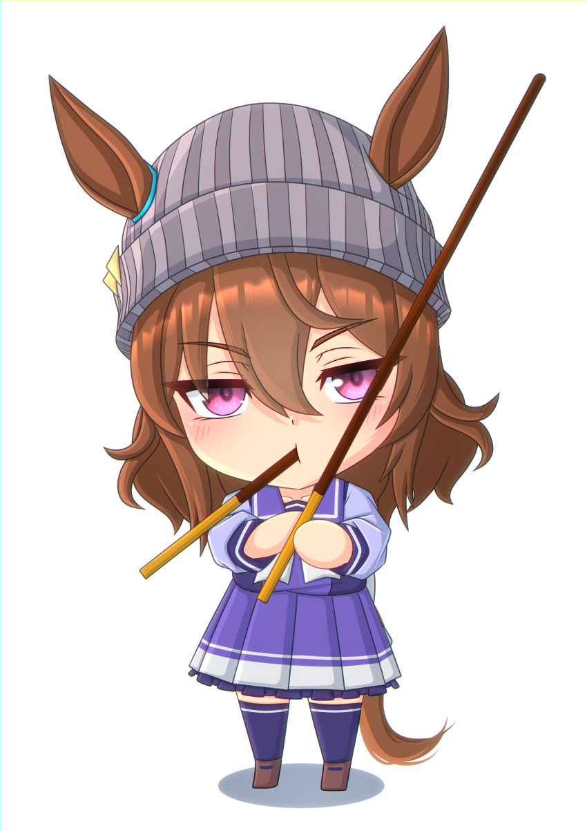 1girl 2-butani absurdres animal_ears beanie blush brown_footwear brown_hair chibi commentary_request ear_ornament ears_through_headwear food food_in_mouth full_body grey_headwear hair_between_eyes hat highres holding holding_food holding_pocky horse_ears horse_girl horse_tail loafers long_hair long_sleeves looking_at_viewer nakayama_festa_(umamusume) pleated_skirt pocky pocky_in_mouth purple_serafuku purple_shirt purple_skirt purple_thighhighs school_uniform serafuku shirt shoes simple_background skirt solo tail thigh-highs tracen_school_uniform umamusume violet_eyes white_background winter_uniform