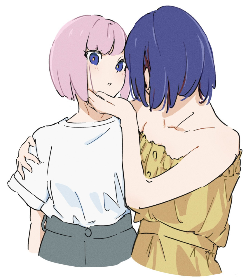 2girls atenaba bare_arms bare_shoulders blue_eyes blue_hair dress grey_skirt hand_on_another's_face hand_on_another's_shoulder highres kaf_(kamitsubaki_studio) kamitsubaki_studio looking_at_another multicolored_hair multiple_girls parted_lips pink_hair redhead rim_(kamitsubaki_studio) shirt shirt_tucked_in short_hair short_sleeves simple_background skirt strapless strapless_dress streaked_hair white_background white_shirt yellow_dress yellow_pupils yuri