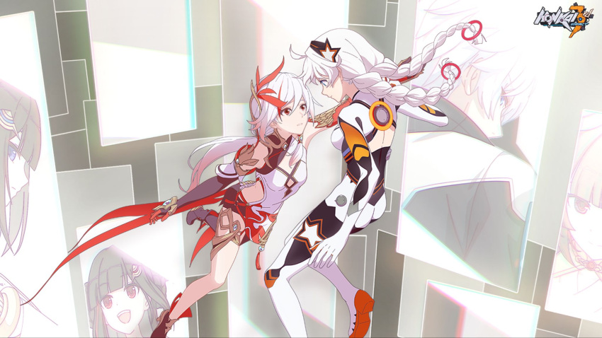 ahoge ass asymmetrical_gloves blue_eyes bodysuit braid chinese_clothes closed_mouth elbow_gloves floating fu_hua fu_hua_(phoenix) fuxi_(honkai_impact) gloves gradient_hair hand_on_another's_wrist highres honkai_(series) honkai_impact_3rd kevin_kaslana kiana_kaslana kiana_kaslana_(white_comet) li_sushang logo long_hair looking_at_another low_ponytail multicolored_hair nuwa_(honkai_impact) official_art parted_lips red_eyes red_headwear thighlet twin_braids white_bodysuit white_hair