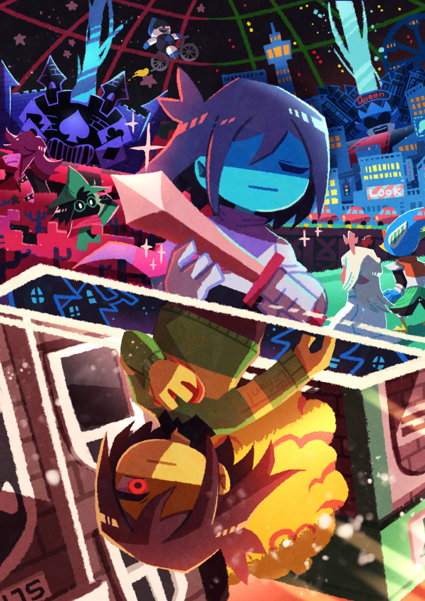 2girls 2others 3boys :| absurdres androgynous berdly_(deltarune) bicycle blue_hair blue_skin brick_wall brown_hair building cape car castle child city city_lights closed_eyes closed_mouth colored_skin commentary_request deltarune dual_persona expressionless gloves glowing glowing_eye green_headwear green_sweater hat heart highres holding holding_heart holding_sword holding_weapon kris_(deltarune) lancer_(deltarune) long_sleeves motor_vehicle multiple_boys multiple_girls multiple_others noelle_holiday one_eye_covered other_focus outdoors purple_cape ralsei red_eyes rotational_symmetry scenery shaded_face spade_(shape) sparkle standing star_(symbol) susie_(deltarune) sweater sword upper_body watawata22 weapon white_gloves yellow_skin