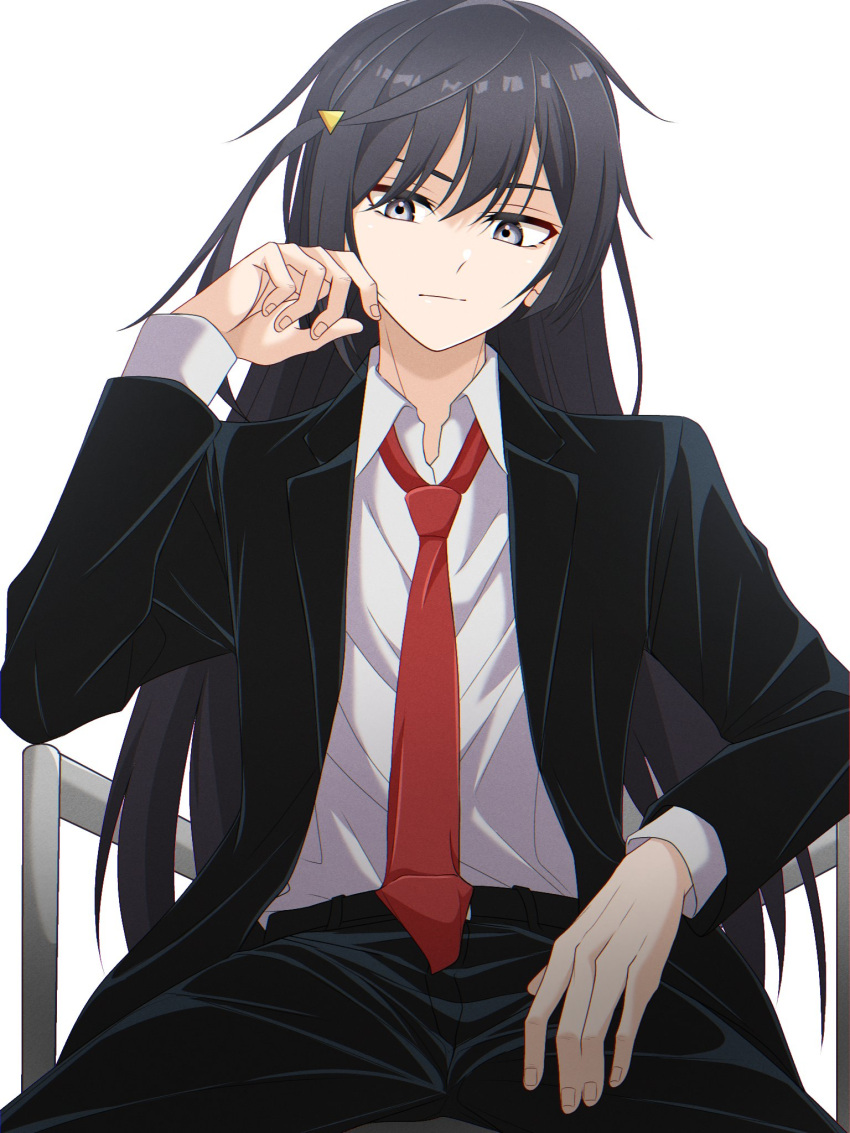 1girl amakuma black_hair black_jacket black_pants black_suit closed_mouth collared_shirt english_commentary grey_eyes highres jacket long_hair long_sleeves looking_down love_live! love_live!_nijigasaki_high_school_idol_club necktie on_chair one_side_up open_clothes open_jacket pants red_necktie shirt sidelocks sitting solo suit upper_body white_background white_shirt yuuki_setsuna_(love_live!)