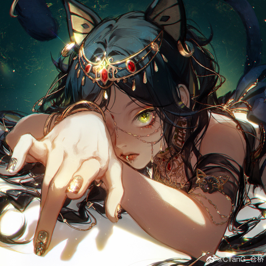 1girl animal_ears armlet back_cutout bare_shoulders black_dress black_hair cat_ears cat_tail character_request chinese_commentary circlet closed_mouth clothing_cutout commentary_request ctang_cangqiao dress expressionless eyelashes gold_bracelet gold_nails gold_necklace green_background green_eyes hair_over_shoulder hair_spread_out highres jewelry lip_piercing long_hair looking_at_viewer lying nail_art necklace on_bed on_stomach one_eye_covered outstretched_hand piercing red_lips shining_nikki solo tail upper_body watermark weibo_logo weibo_username