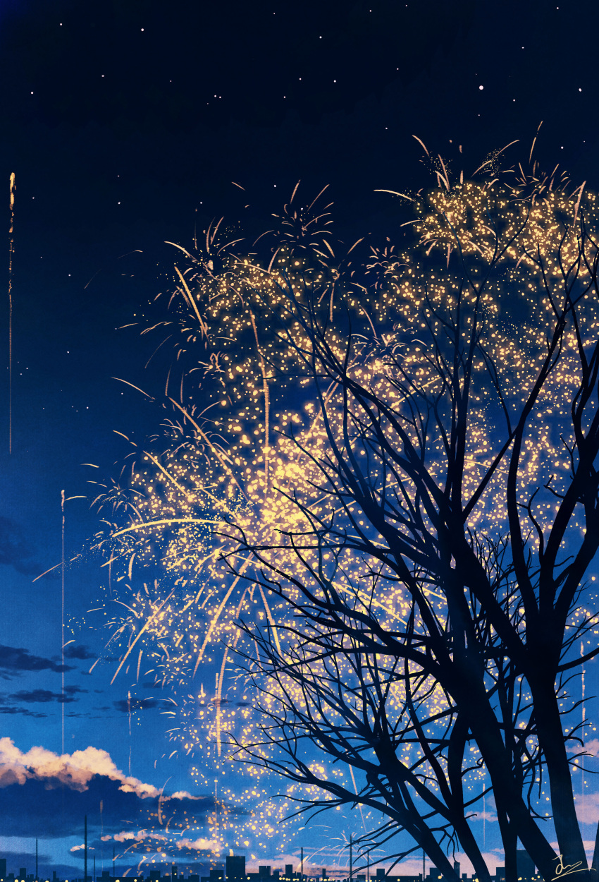 absurdres aerial_fireworks blue_sky branch building chinese_commentary clouds evening fireworks highres no_humans original outdoors power_lines scenery sign sky skyrick9413 star_(sky) tree