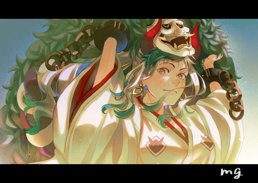 1girl cuffs earrings green_hair handcuffs highres horns japanese_clothes jewelry kimono letterboxed looking_at_viewer mask mg_choco826 multicolored_hair one_piece red_horns rope shimenawa sidelocks signature sky smile solo white_hair white_kimono yamato_(one_piece)