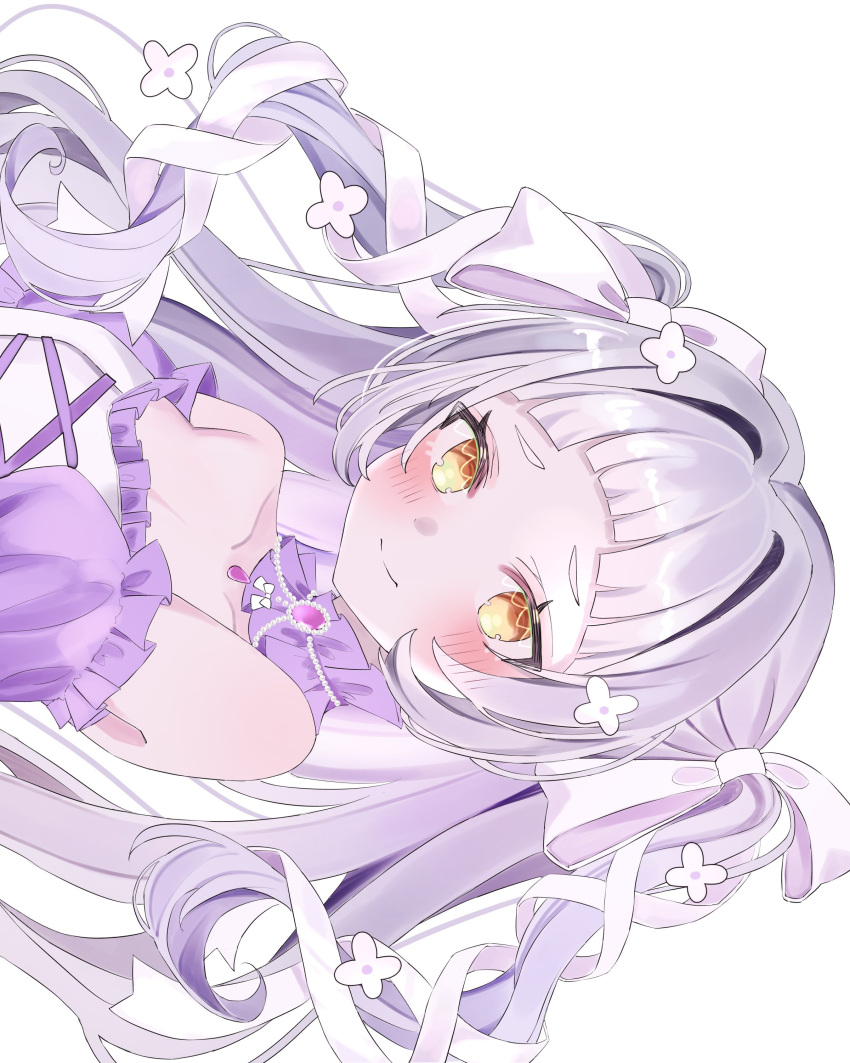 1girl absurdres alternate_costume arched_bangs bare_shoulders blunt_bangs blush breasts choker closed_mouth commission dress frilled_choker frills grey_hair head_rest highres hololive long_hair long_hair_between_eyes looking_at_viewer murasaki_shion off-shoulder_dress off_shoulder purple_choker ribbon sideways skeb_commission small_breasts smile solo two_side_up upper_body uyuwu3 virtual_youtuber white_ribbon yellow_eyes