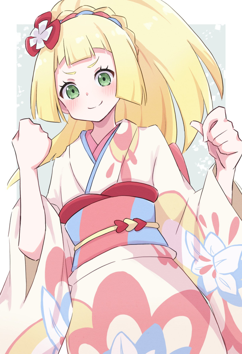 1girl absurdres blonde_hair blush clenched_hands closed_mouth green_eyes highres japanese_clothes kimono lillie_(new_year's_2021)_(pokemon) lillie_(pokemon) long_hair looking_at_viewer obi official_alternate_costume piyo_to_game pokemon pokemon_masters_ex ponytail sash smile solo wide_sleeves