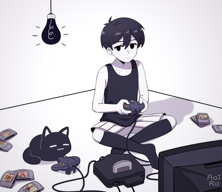 1boy absurdres animal aoiro_arts artist_name black_eyes black_hair black_shirt black_socks cable cat closed_mouth colored_skin controller crt english_commentary expressionless game_cartridge game_console game_controller hair_between_eyes highres holding holding_controller holding_game_controller jitome light_bulb mewo nintendo_64 nintendo_64_controller omori omori_(omori) shirt short_hair shorts sleeveless sleeveless_shirt socks striped_clothes striped_shorts television vertical-striped_clothes vertical-striped_shorts white_shorts white_skin