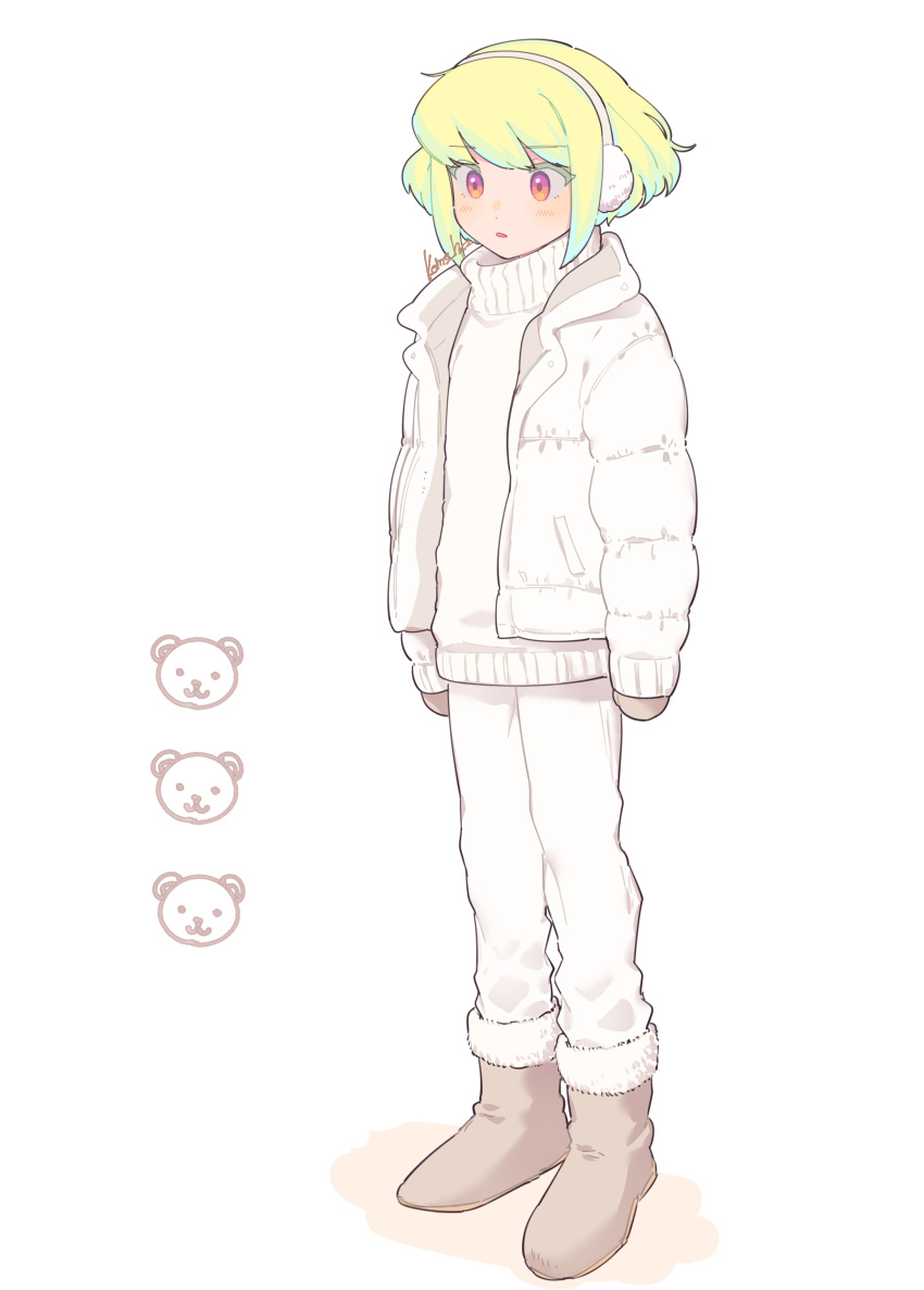 1boy :o absurdres androgynous artist_name blush boots commentary earmuffs full_body green_hair highres jacket kome_1022 lio_fotia looking_down multicolored_eyes orange_eyes panda pants pink_eyes promare short_hair sidelocks simple_background sweater white_background white_jacket white_pants white_sweater