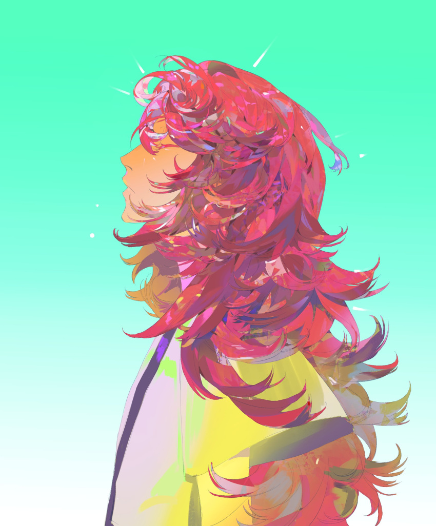 1other arms_at_sides closed_eyes closed_mouth dark-skinned_other esyil207 expressionless gradient_background green_background hair_between_eyes highres houseki_no_kuni long_hair long_sleeves messy_hair padparadscha_(houseki_no_kuni) profile redhead shirt sidelocks two-tone_shirt upper_body white_shirt yellow_shirt