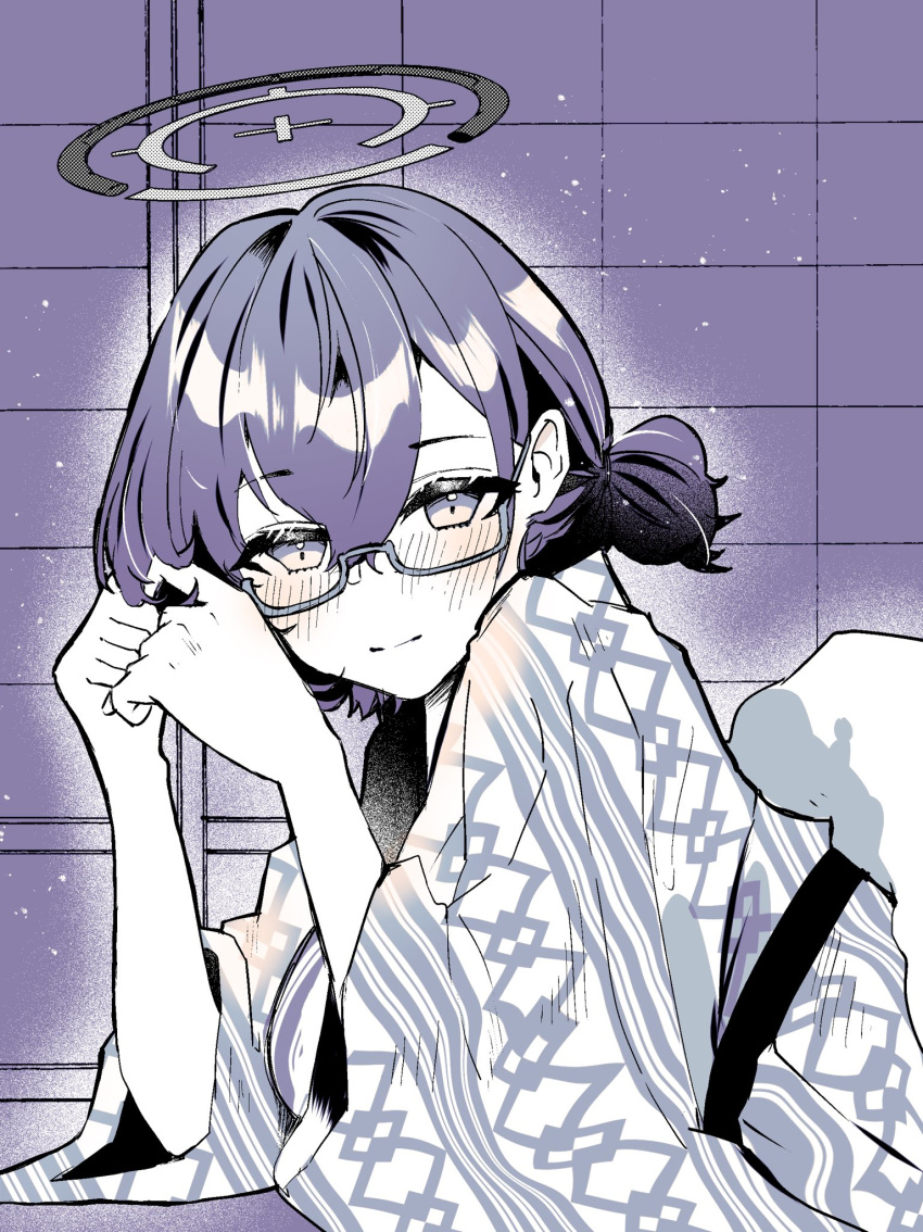 1girl bath_yukata black_hair blue_archive blush breasts chihiro_(blue_archive) closed_mouth glasses hair_between_eyes halo highres japanese_clothes kimono large_breasts looking_at_viewer naokorin_ch short_hair sleeves_past_elbows smile solo spot_color wide_sleeves yukata