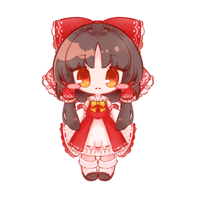 1girl :&lt; black_footwear blush_stickers bow bowtie brown_hair chibi closed_mouth detached_sleeves dress frilled_bow frilled_hair_tubes frills hair_bow hair_tubes hakurei_reimu highres inukkomaru long_hair looking_at_viewer red_bow red_dress simple_background socks solo touhou white_background white_socks yellow_bow yellow_bowtie yellow_eyes