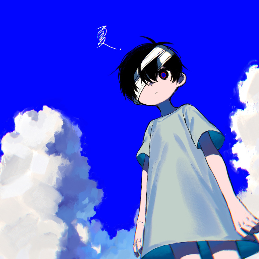 1boy antenna_hair bandage_over_one_eye bandaged_head bandages black_eyes black_hair blue_sky closed_mouth clouds day dress expressionless from_below gown highres hospital_gown imminent_suicide makucrp official_alternate_costume omori one_eye_covered outdoors short_hair short_sleeves sky solo spoilers sunny_(omori)