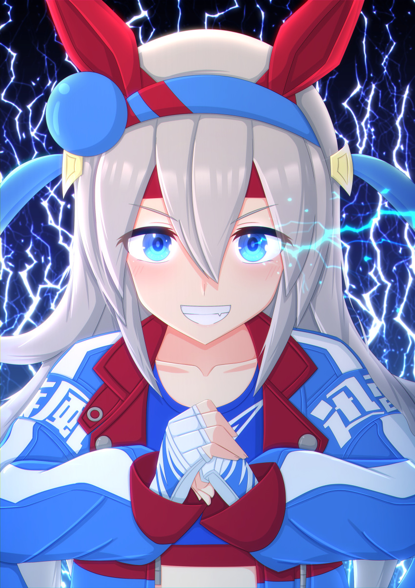 1girl 2-butani absurdres animal_ears blue_eyes blue_jacket clenched_hands commentary_request crop_top fangs fingerless_gloves fist_in_hand gloves grey_hair grin hair_between_eyes hairband headband highres horse_ears horse_girl horse_tail jacket lightning lightning_bolt_symbol long_hair looking_at_viewer midriff navel open_clothes open_jacket pants smile solo tail tamamo_cross_(umamusume) umamusume upper_body v-shaped_eyebrows white_gloves white_pants