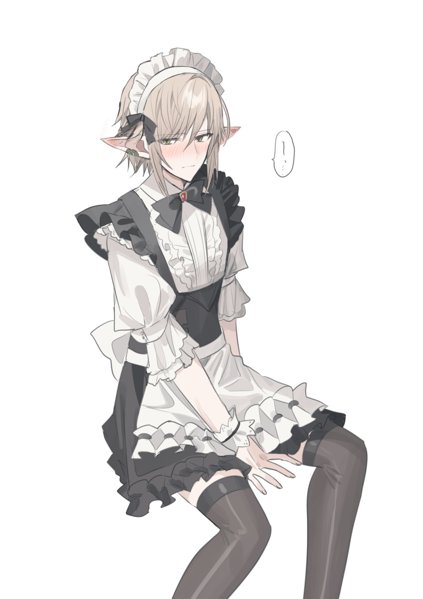 1boy alternate_costume apron between_legs black_bow black_skirt blush bow brown_hair brown_thighhighs center_frills chihuri closed_mouth collared_shirt crossdressing ear_piercing enmaided feet_out_of_frame final_fantasy final_fantasy_xiv frilled_apron frills green_eyes hair_between_eyes hand_between_legs highres maid maid_headdress male_focus nose_blush piercing pointy_ears puffy_short_sleeves puffy_sleeves shirt short_sleeves simple_background skirt solo thigh-highs waist_apron white_apron white_background white_shirt zephirin_de_valhourdin