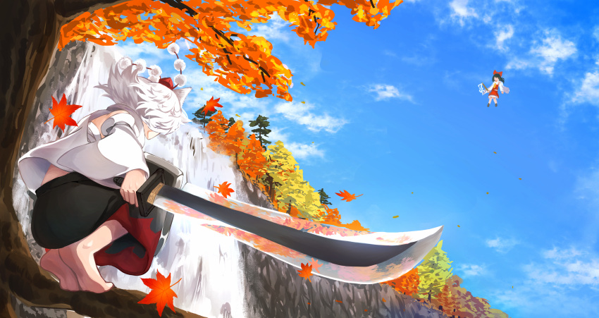 2girls absurdres animal_ears autumn_leaves barefoot black_hair black_skirt blue_sky clouds commentary detached_sleeves god_g4mes gohei hakurei_reimu hat highres holding holding_sword holding_weapon inubashiri_momiji leaf maple_leaf multiple_girls outdoors red_headwear red_skirt short_hair skirt sky soles solo_focus squatting sword tokin_hat touhou tree two-tone_skirt water waterfall weapon white_hair wide_sleeves wolf_ears wolf_girl