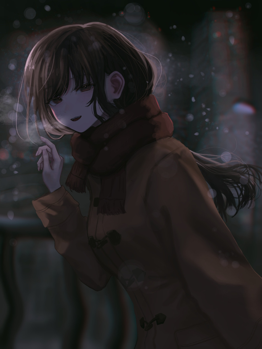 1girl :d absurdres arm_at_side blurry blush breath brown_coat brown_hair building coat dark depth_of_field distortion dot_nose from_side hand_up highres kyano_(kyanora3141) leaning_forward long_bangs long_hair long_sleeves looking_at_viewer night open_mouth original outdoors railing red_scarf scarf sidelocks skyscraper smile snowing solo straight_hair teeth upper_body upper_teeth_only