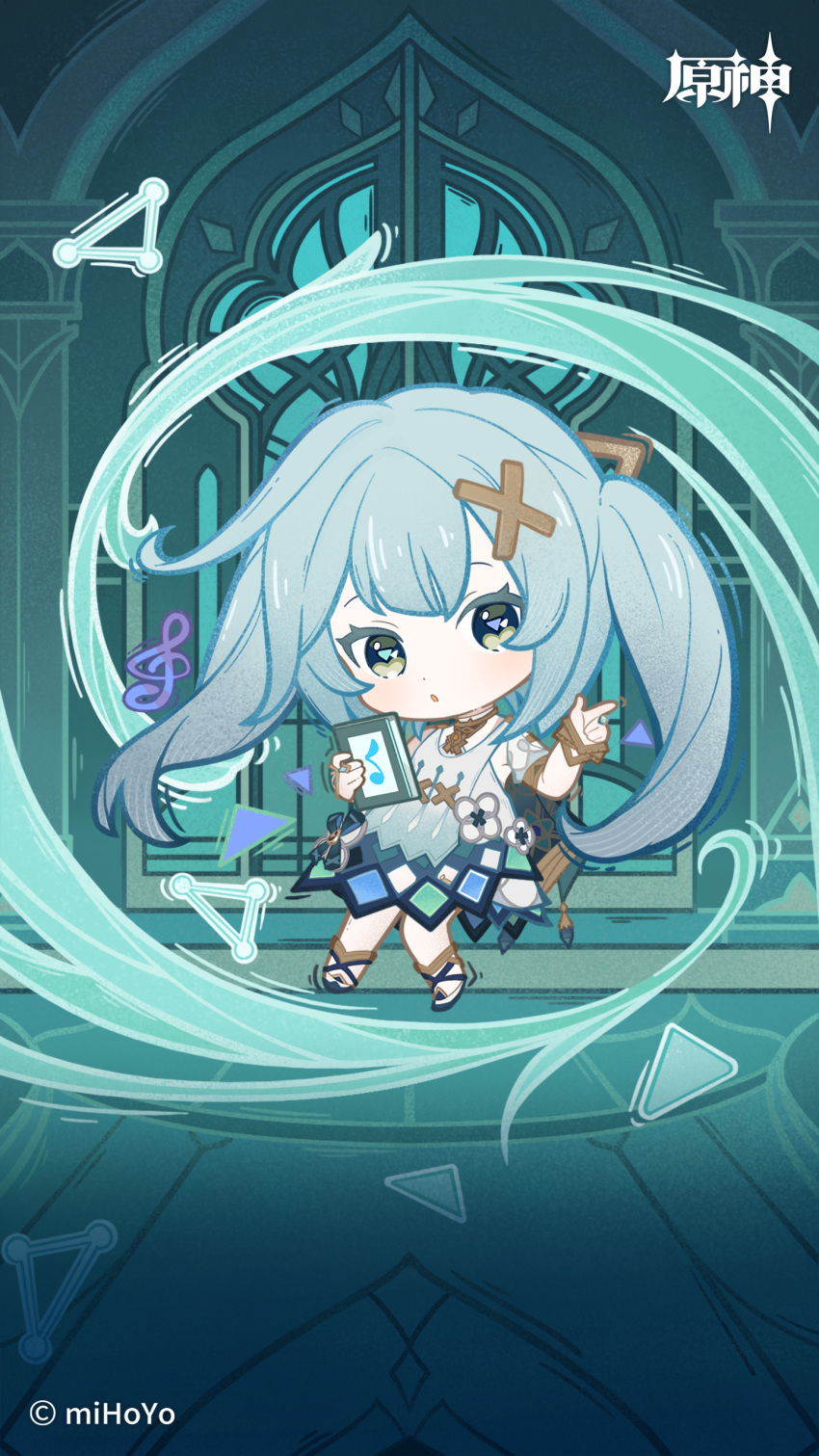 1girl absurdres aqua_eyes aqua_hair book chibi dress faruzan_(genshin_impact) genshin_impact hair_ornament highres holding holding_book long_hair looking_at_viewer musical_note official_art parted_lips short_sleeves solo standing triangle-shaped_pupils twintails white_dress white_footwear x_hair_ornament