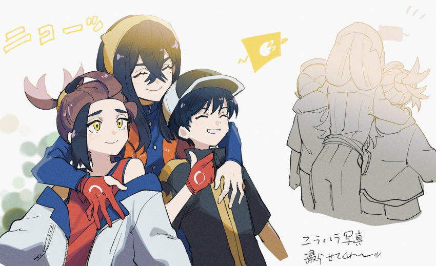 1girl 2boys arms_around_neck black_hair blue_jacket brother_and_sister carmine_(pokemon) closed_eyes colored_inner_hair crossed_bangs eyelashes gloves hair_between_eyes hairband height_difference highres hug hug_from_behind jacket kieran_(pokemon) long_hair long_sleeves mizuirov mole mole_under_eye multicolored_hair multiple_boys open_mouth phone pokemon pokemon_sv redhead selfie siblings smile taking_picture tall_female thumbs_up two-tone_hair yellow_eyes yellow_hairband