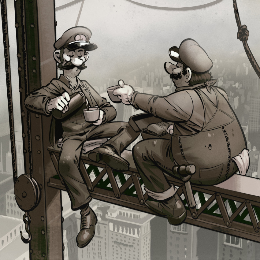 2boys absurdres angusburgers beard_stubble big_nose brothers city construction_site crane_(machine) cup facial_hair gloves greyscale hammer hat highres holding holding_cup hook i-beam luigi mario monochrome multiple_boys mustache overalls siblings sitting smile steel_beam stubble super_mario_bros. thermos