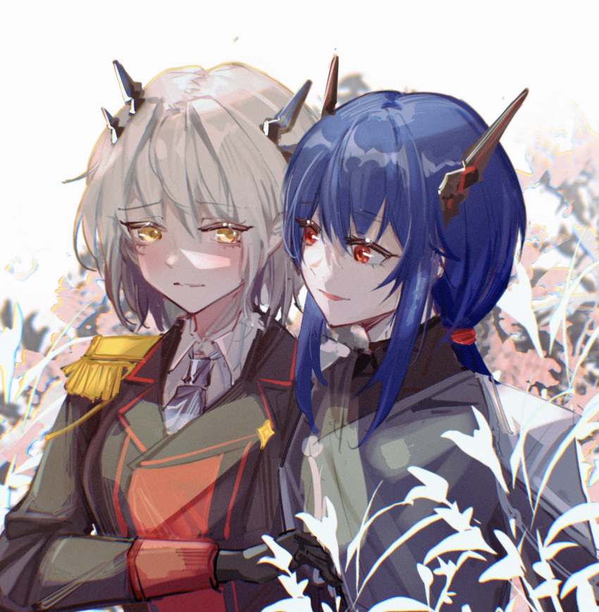 2girls arknights black_gloves black_horns black_jacket blue_hair blue_necktie blush ch'en_(arknights) chinese_commentary chromatic_aberration chuhuodiandeng closed_mouth coat collared_shirt commentary_request epaulettes eye_contact eyes_visible_through_hair gloves grey_coat grey_hair hair_between_eyes heads_together highres horns jacket lapels long_hair long_sleeves looking_at_another military_uniform multiple_girls necktie open_mouth plant red_eyes shirt short_hair smile talulah_(arknights) unfinished uniform upper_body white_shirt yellow_eyes yuri