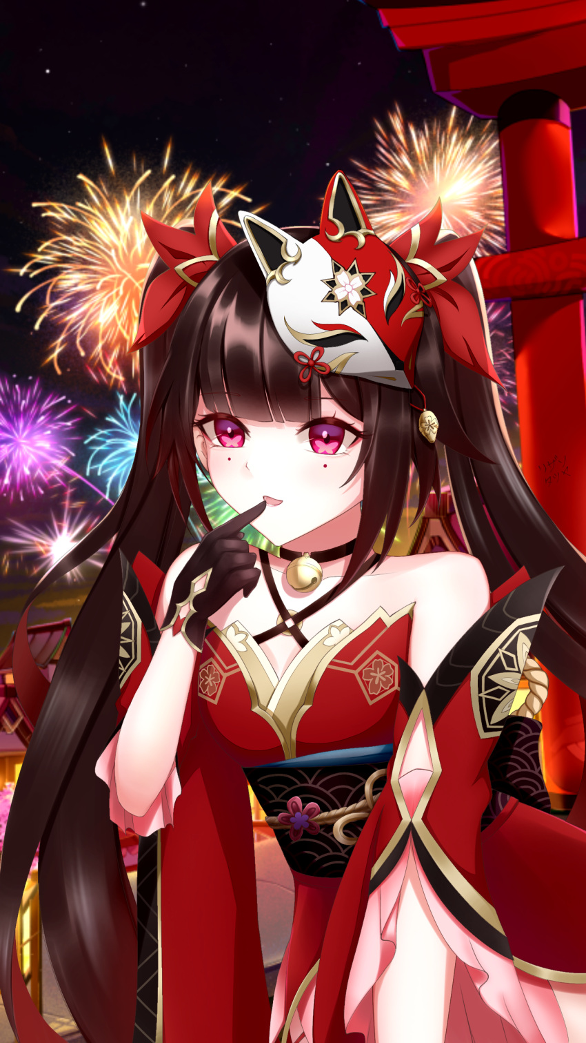 1girl :d absurdres bare_shoulders bell black_choker black_gloves bow brown_hair choker criss-cross_halter dress finger_to_mouth fireworks fox_mask gloves gradient_hair hair_bow halterneck highres honkai:_star_rail honkai_(series) long_hair looking_at_viewer mask mask_on_head multicolored_hair neck_bell night o-ring open_mouth outdoors outstretched_arm pink_eyes red_bow red_dress red_sleeves redhead rizan_tatsuya short_sleeves sidelocks single_glove sleeveless sleeveless_dress smile solo sparkle_(honkai:_star_rail) torii twintails upper_body