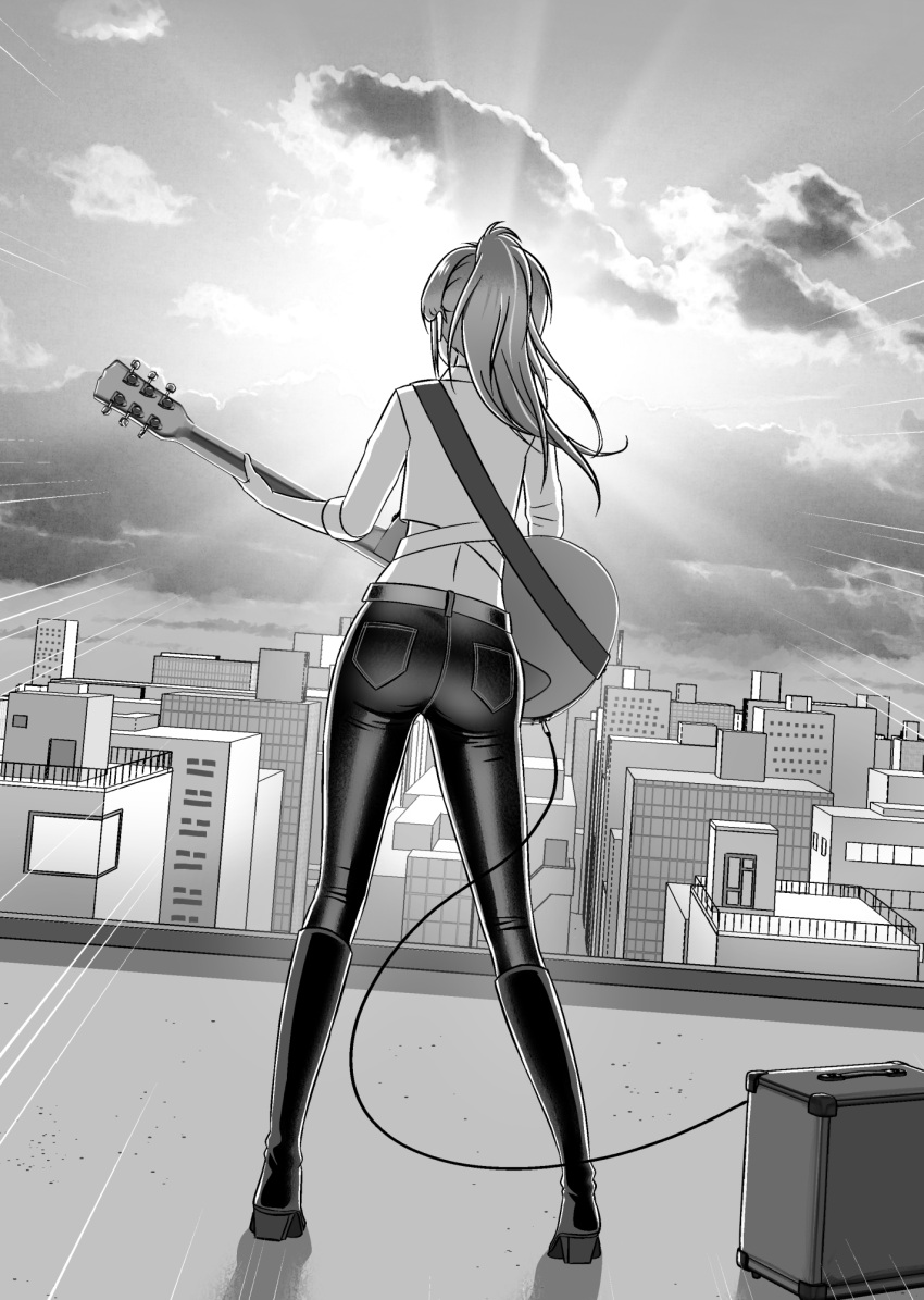 1girl amplifier back boots clouds cloudy_sky denim english_commentary facing_away guitar highres instrument jeans knee_boots leo_queval light_rays long_hair midriff monochrome music original pants playing_instrument ponytail rooftop sky sunlight wind