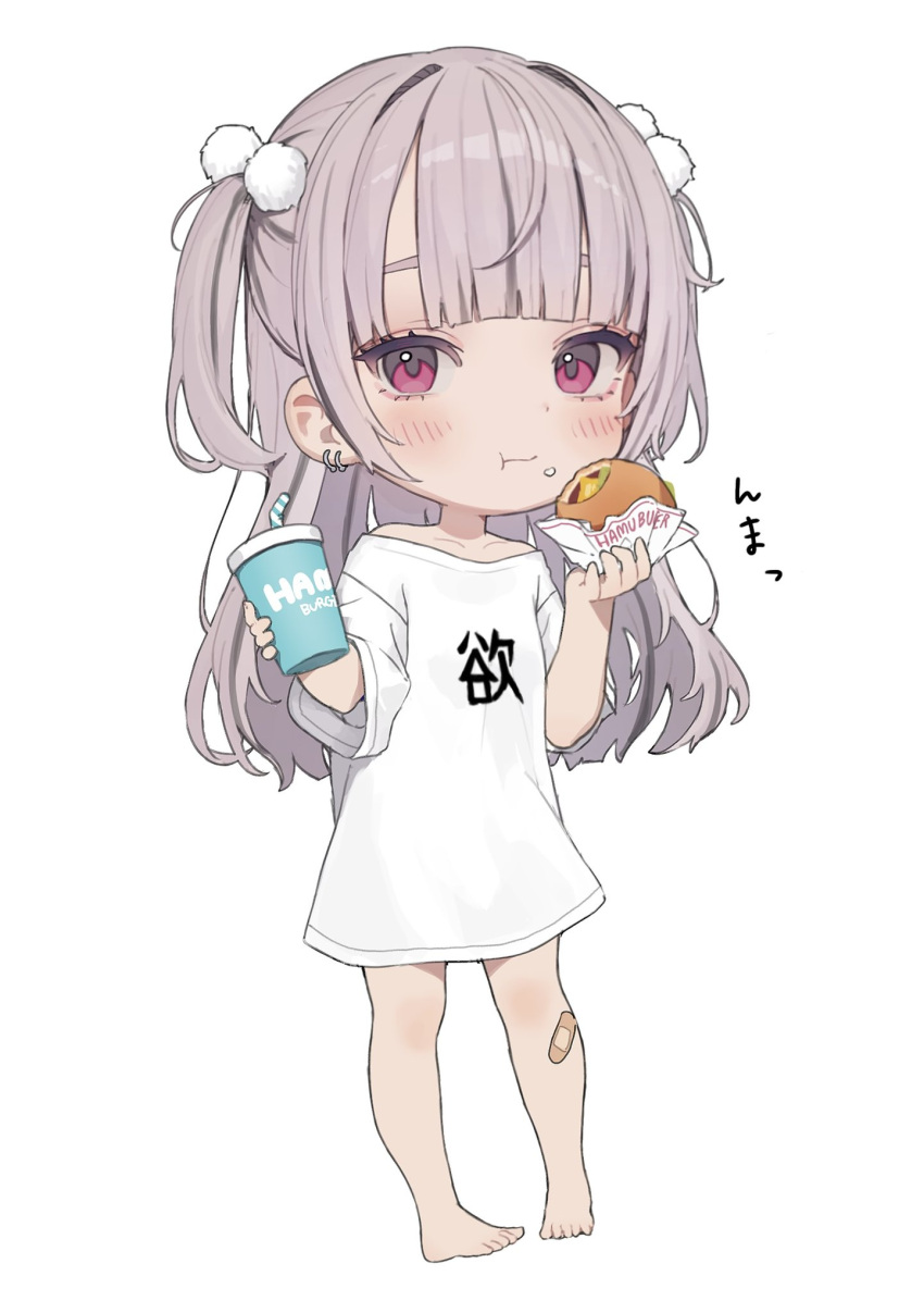 1girl bandaid bandaid_on_knee bandaid_on_leg barefoot blush burger chibi daluto_(hitomi555) earrings eating food full_body grey_hair hair_ornament highres jewelry long_hair long_shirt looking_at_viewer original pink_eyes pom_pom_(clothes) pom_pom_hair_ornament shirt simple_background solo t-shirt two_side_up white_background white_shirt white_t-shirt