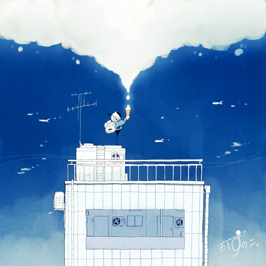 1other absurdres backpack bag blue_sky building clouds facing_up food forced_perspective from_side helmet highres holding holding_food holding_ice_cream ice_cream kazunoko_(kazunoko_zunoco) ladder original radio_antenna railing rooftop scenery signature sky skyscraper space_helmet very_wide_shot