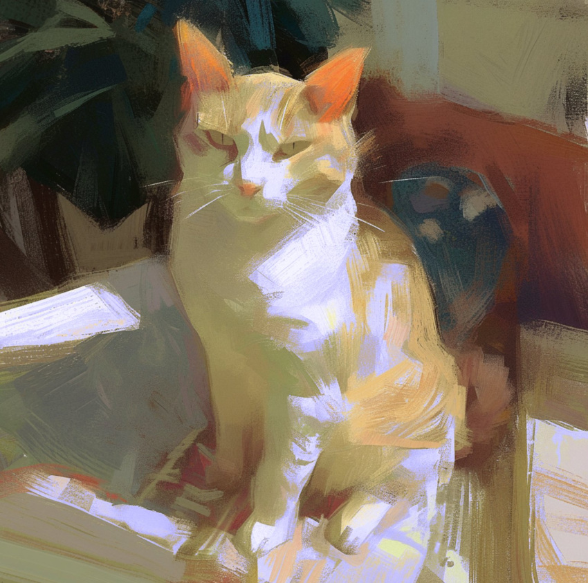 cat closed_mouth couch english_commentary frown highres indoors looking_at_viewer no_humans original painterly sitting slit_pupils whiskers yuming_li