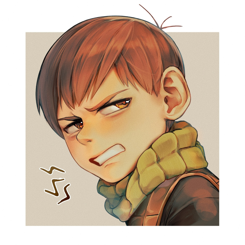 1boy border brown_eyes brown_hair chilchuck_tims clenched_teeth dungeon_meshi furrowed_brow halfling leather male_focus outside_border portrait ruoliang short_hair solo teeth v-shaped_eyebrows white_border