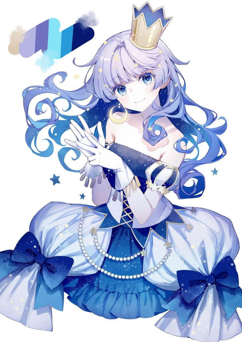 1girl artist_name bare_shoulders beads blue_bow blue_dress blue_eyes blue_hair bow closed_mouth color_guide colored_inner_hair crescent crescent_earrings cropped_legs crown curly_hair detached_sleeves dress dress_bow earrings floating_hair hair_ornament hand_up head_tilt highres hitoba jewelry long_hair looking_at_viewer multicolored_hair original puffy_short_sleeves puffy_sleeves purple_hair short_sleeves simple_background single_earring smile solo star_(symbol) star_hair_ornament starry_sky_print strapless strapless_dress two-tone_hair v white_background